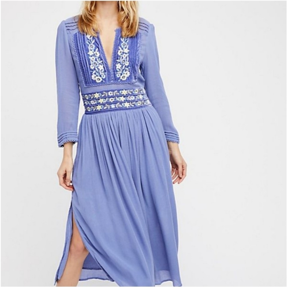 Free People Blue Embroidered Midi Dress